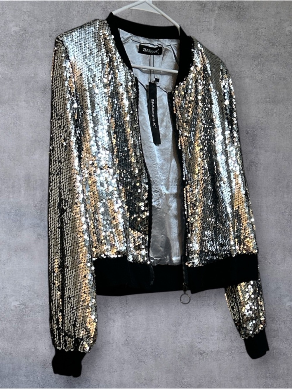 Allegra K Silver Sequin Bomber Jacket with Black Trim NWT Size Large